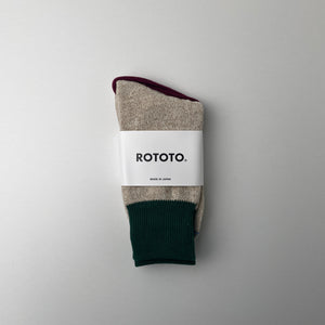 DOUBLE FACE CREW SOCKS "SILK&COTTON" - GREEN / M.BEIGE